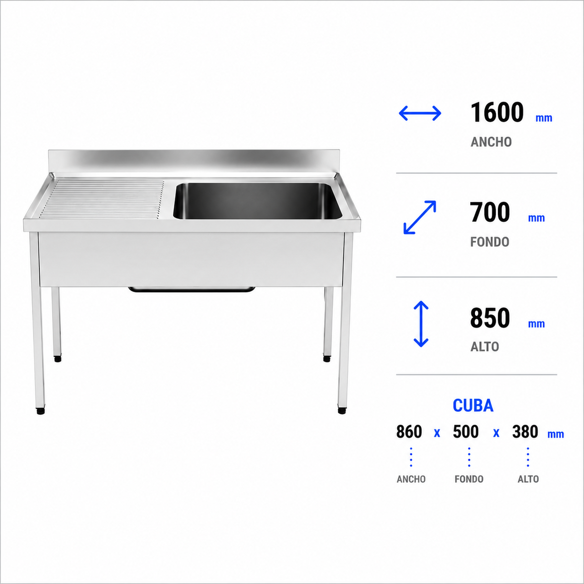 Fregadero con bastidor Gran Capacidad 160x70 (Escurridor Izquierda)