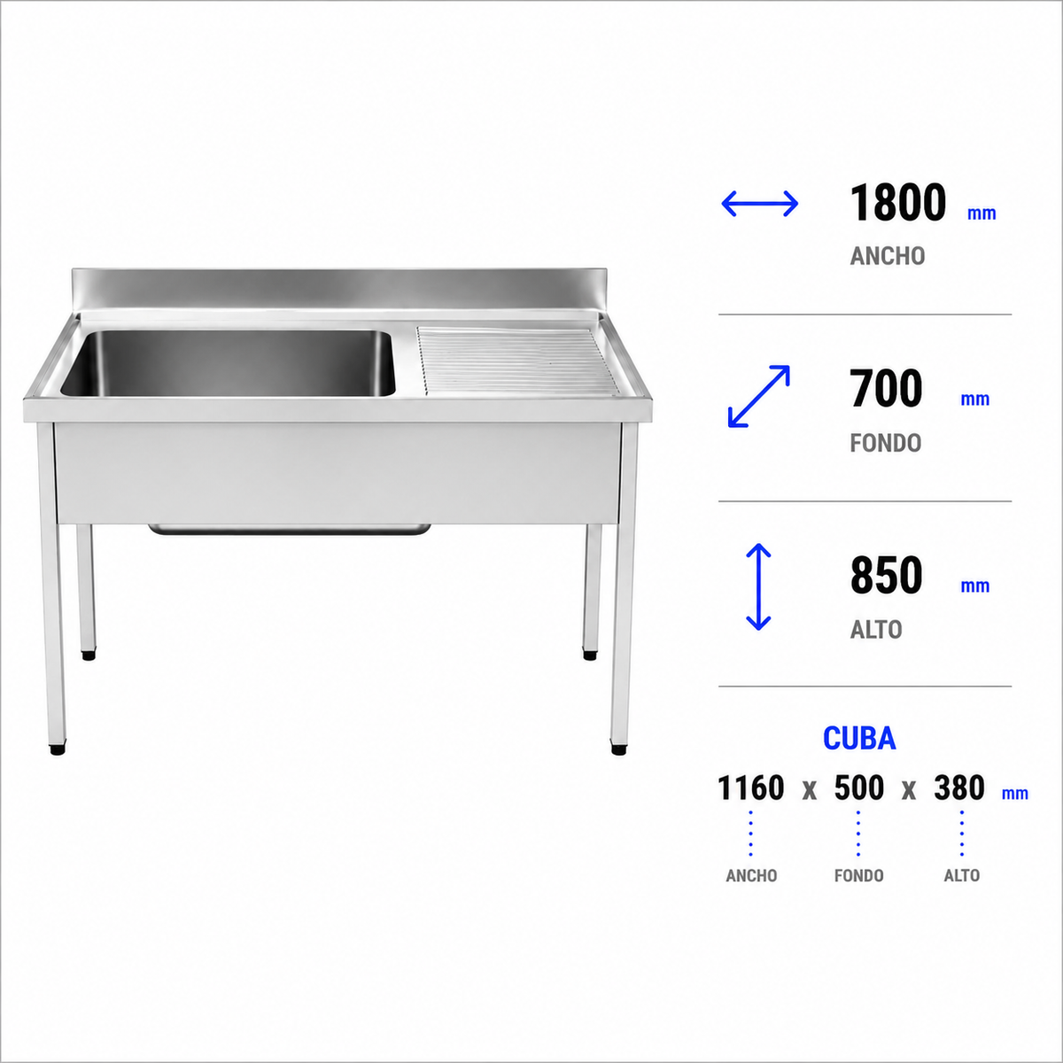 Fregadero con bastidor Gran Capacidad 180x70 (Escurridor Derecha)