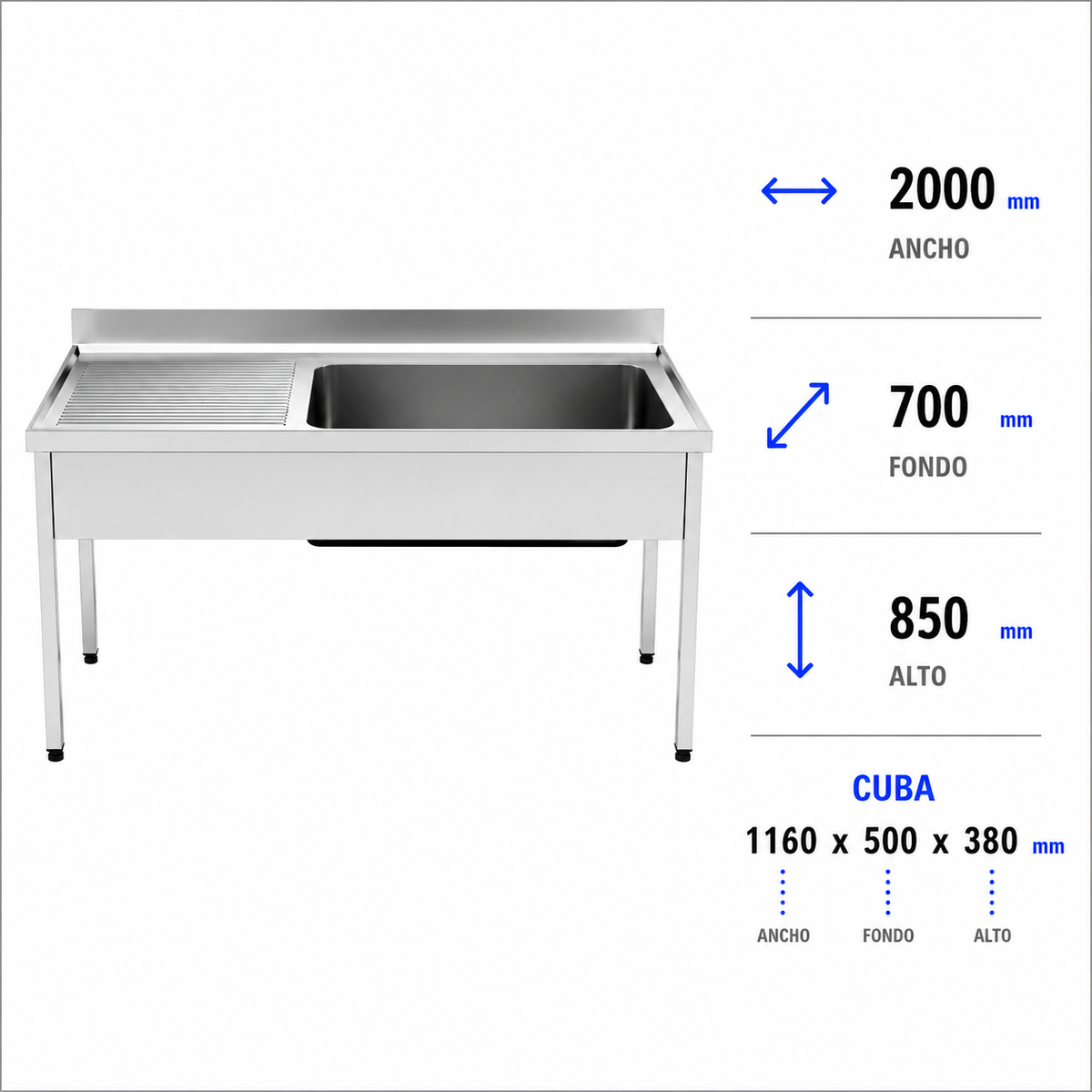 Fregadero con bastidor Gran Capacidad 200x70 (Escurridor Izquierda)