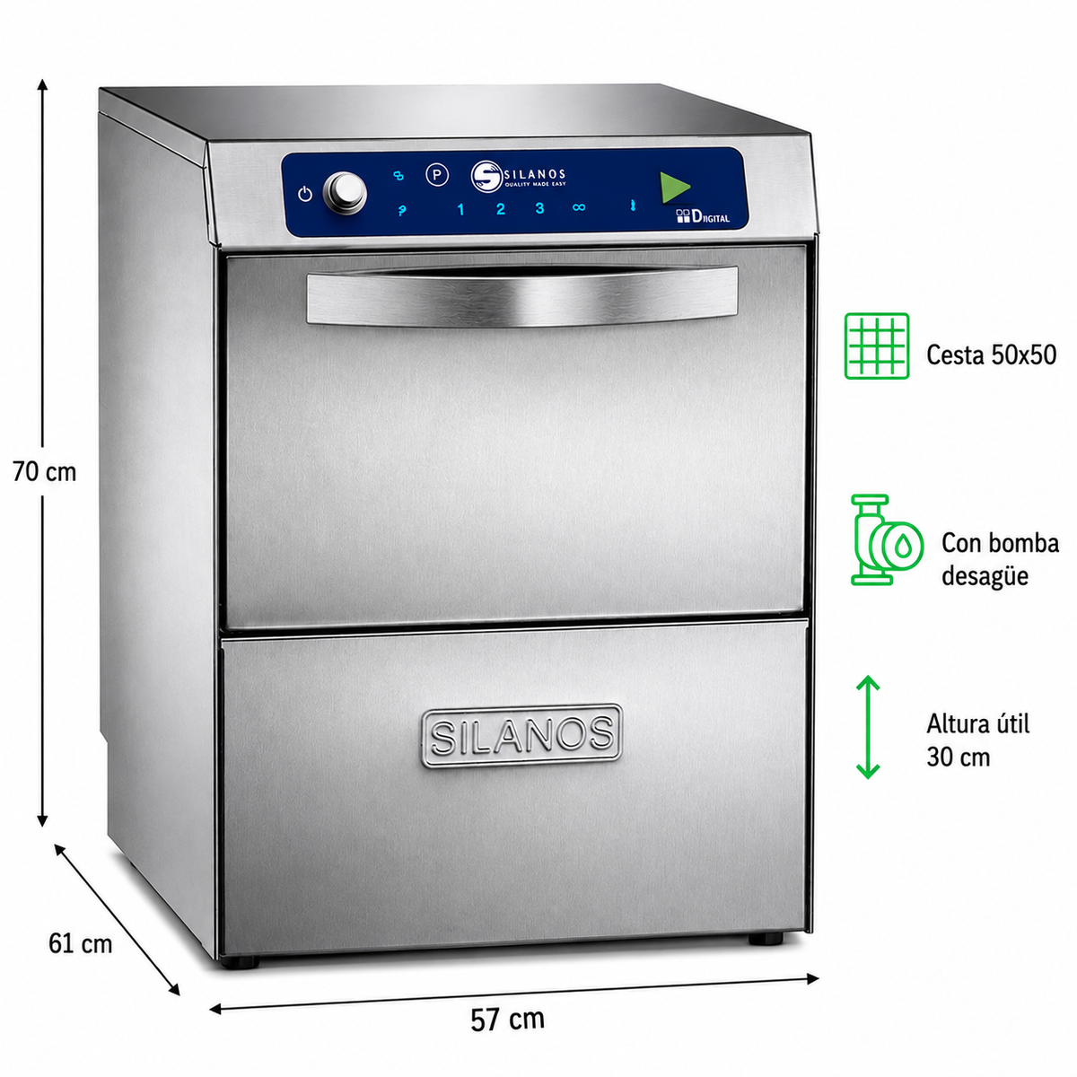 Lavavasos Silanos S-050B · Cesta 500 × 500 mm · Con bomba de desagüe