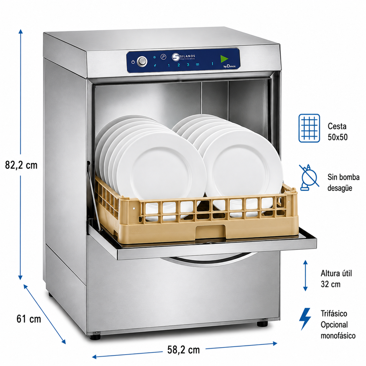 Lavavajillas Silanos N700A · Cesta 500 × 500 mm · Altura útil 32 cm · Trifásico 400 V · Sin bomba de desagüe