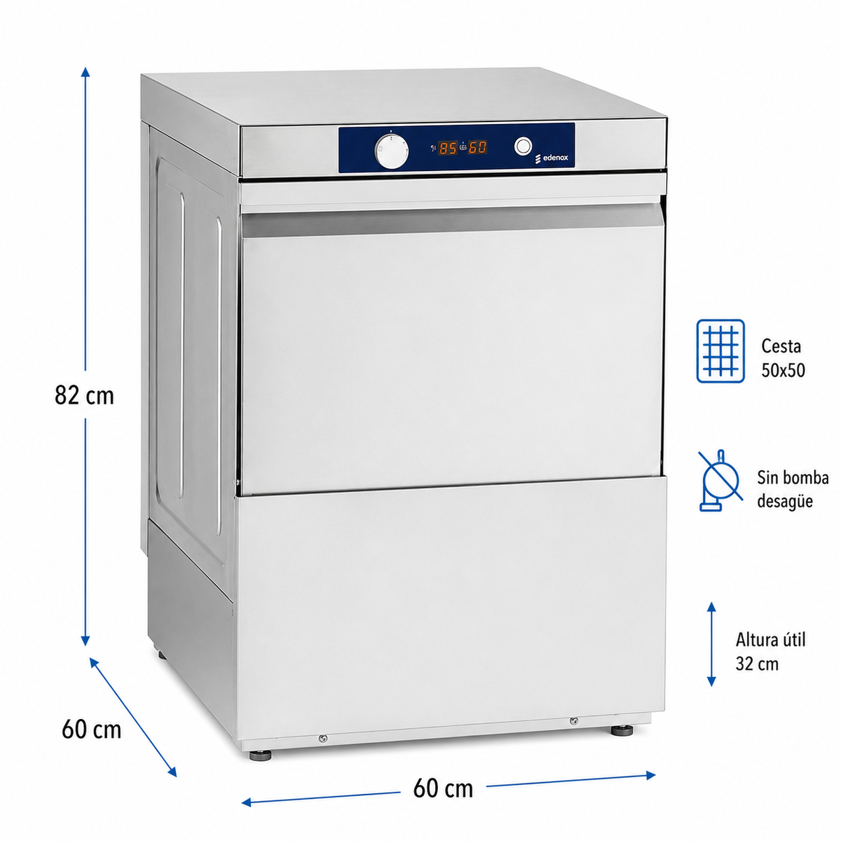 Lavavajillas Edenox AFG-540 S1 · Cesta 500 × 500 mm · Altura útil 32 cm · Electromecánico · 230 V · Sin bomba de desagüe