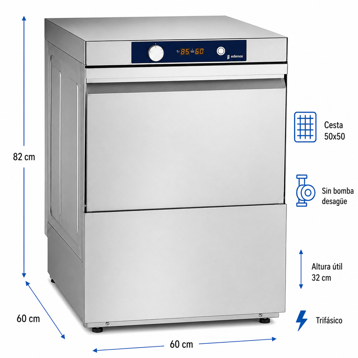 Lavavajillas Edenox AFG-720 B S1 · Cesta 500 × 500 mm · Altura útil 32 cm · Trifásico 400 V · Con bomba de desagüe