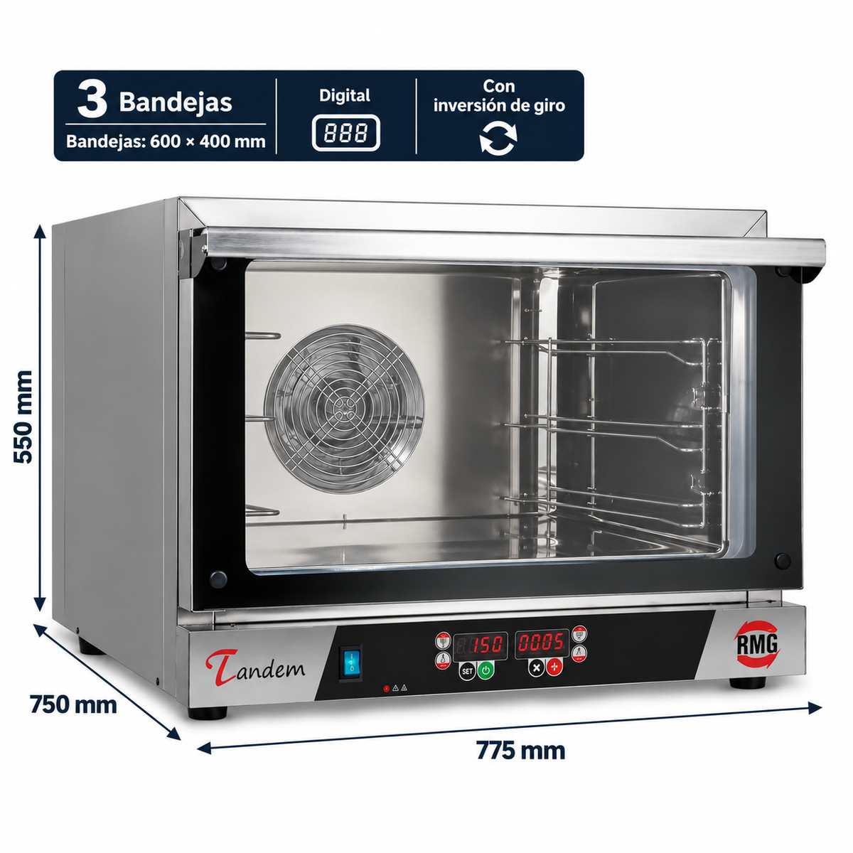 Horno de convección digital Romagsa Tandem3DIGIT · 3 bandejas 600 × 400 mm