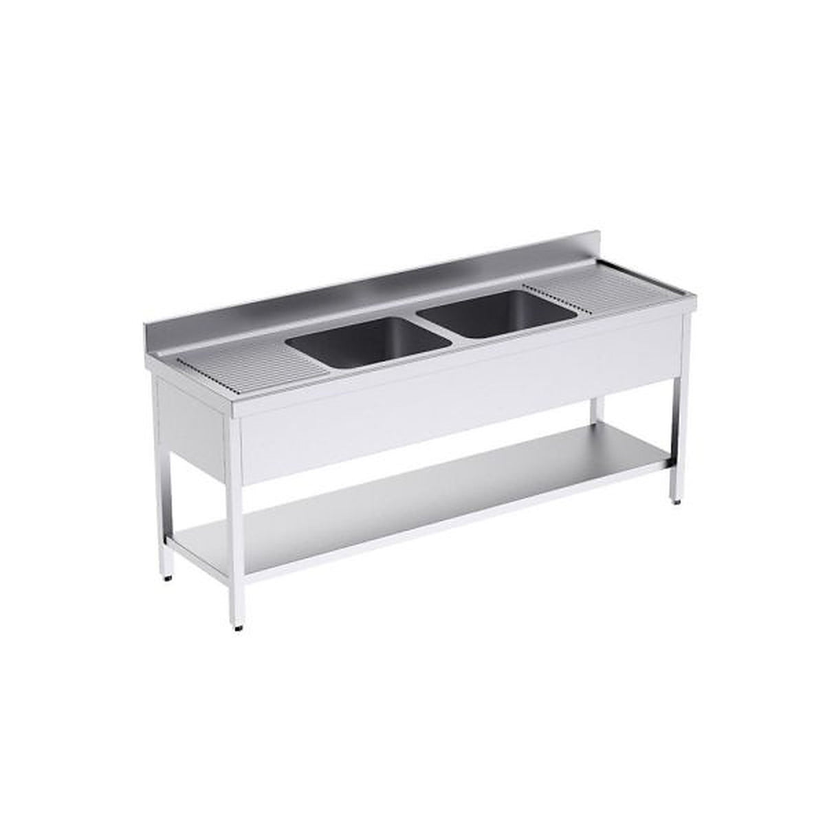 Fregadero con bastidor Serie 700 Distform, FBDE7220: 220x70x85 cm, 1 Estante, 2 Escurridores - 2 Cubetas centrales