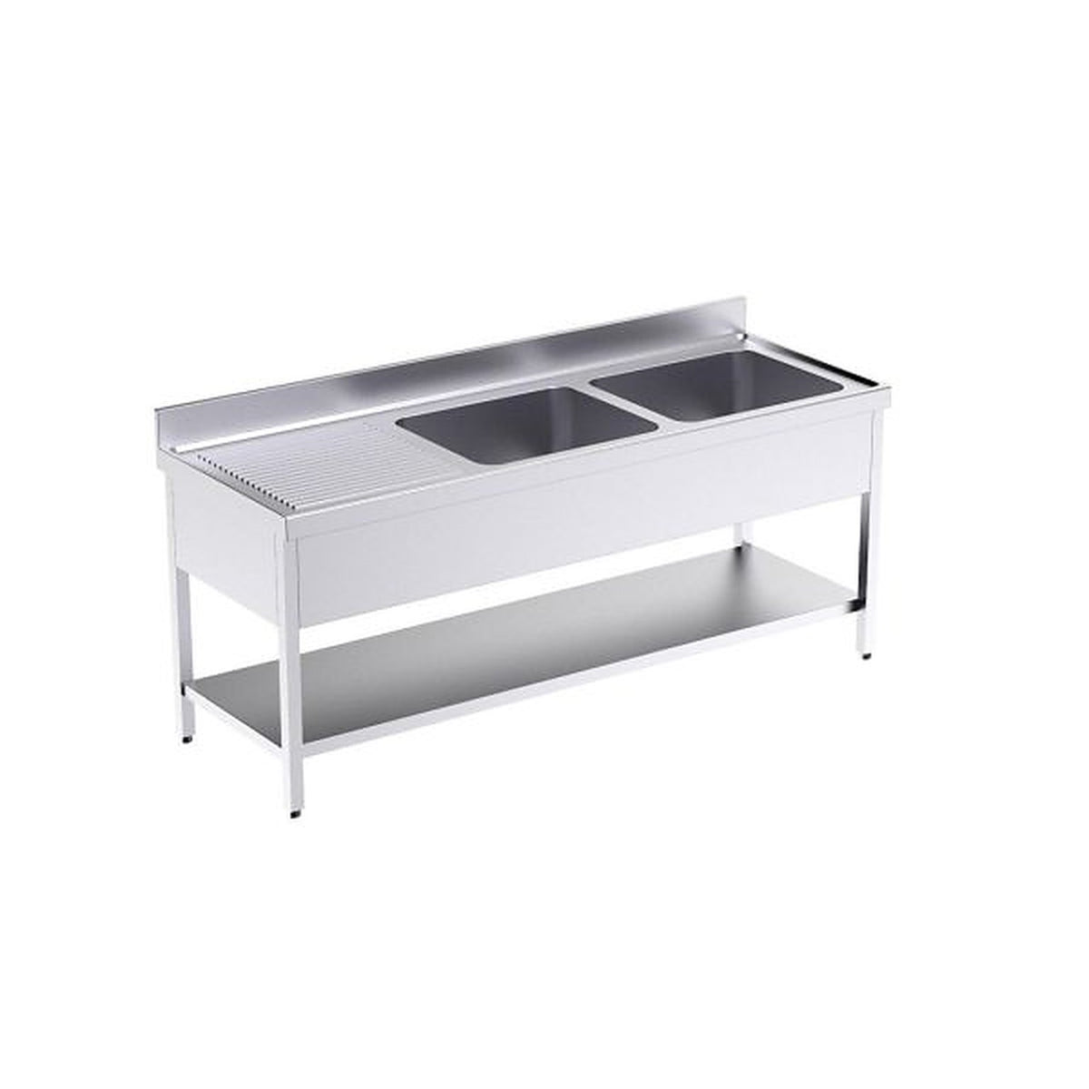 Fregadero con bastidor Serie 700 Distform, FBIE7200: 200x70x85 cm, 1 Estante, Izquierda – 2 Cubetas