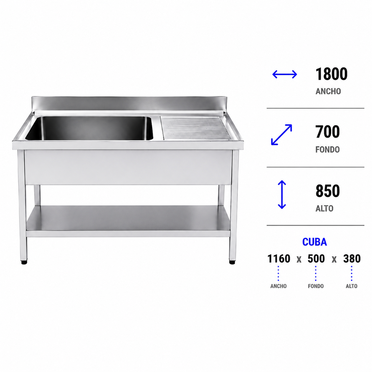 Fregadero con bastidor y estante Gran Capacidad 180x70 (Escurridor Derecha)