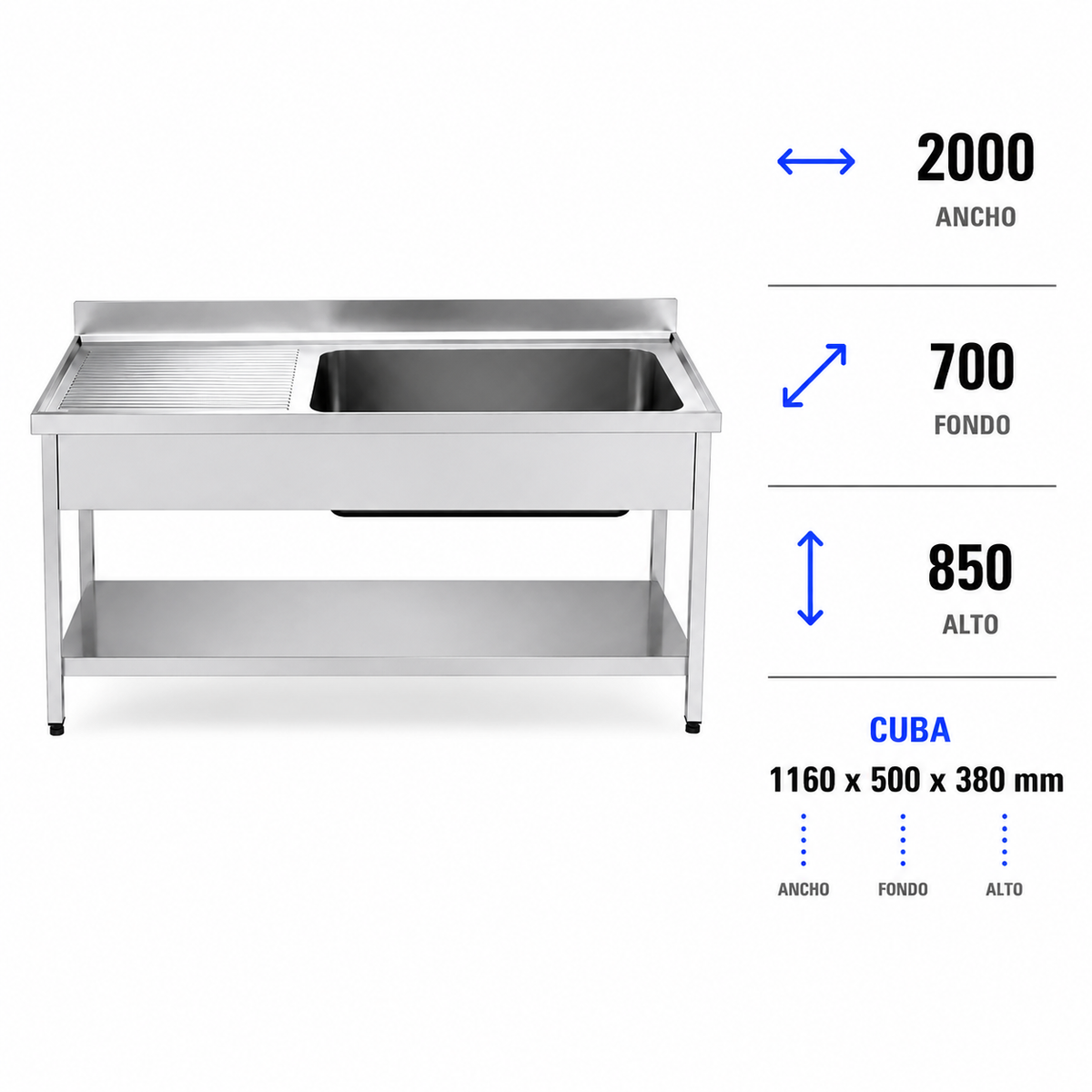 Fregadero con bastidor y estante Gran Capacidad 200x70 (Escurridor Izquierda)