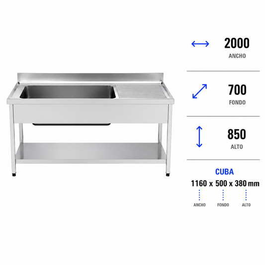 Fregadero con bastidor y estante Gran Capacidad 200x70 (Escurridor Derecha)