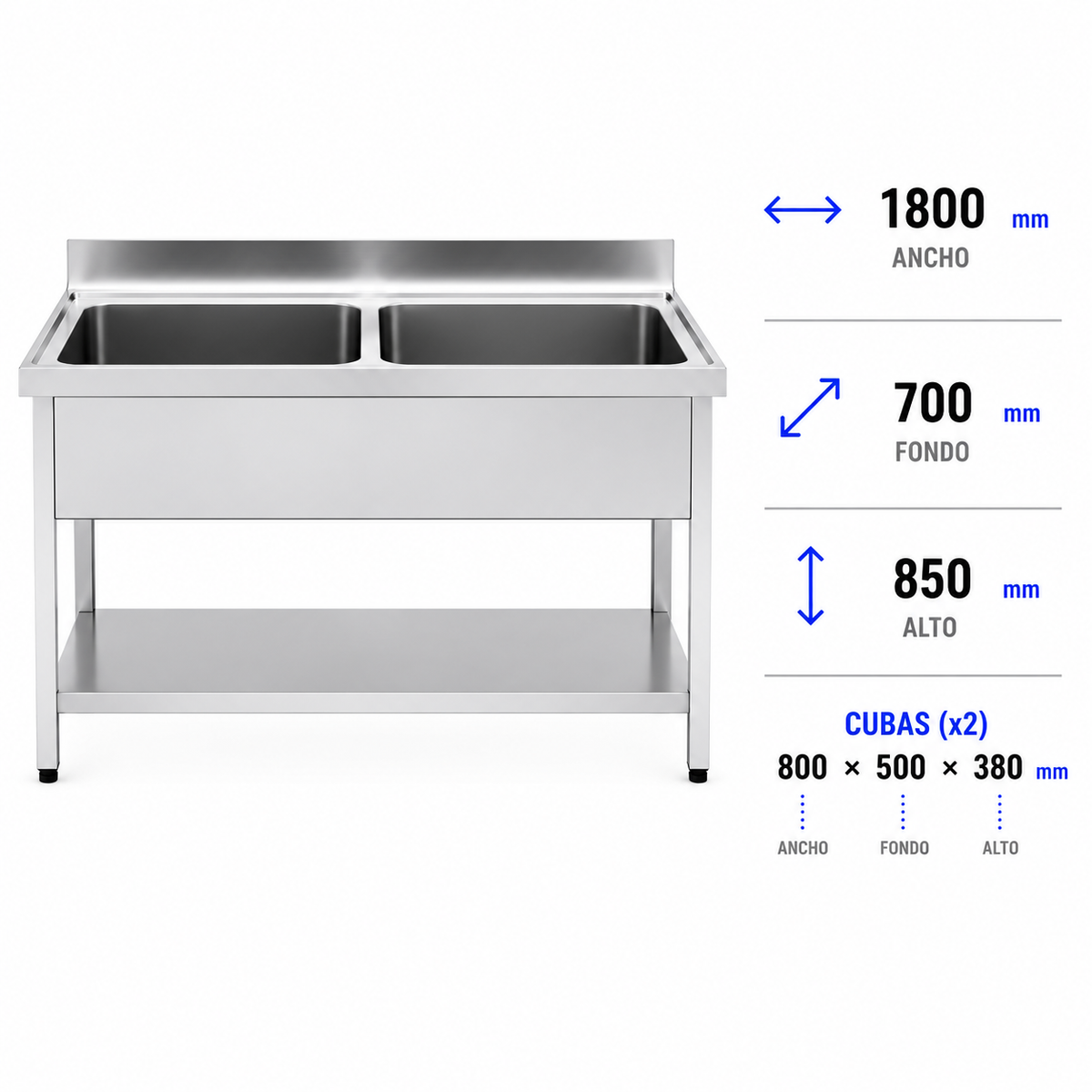 Fregadero con bastidor y estante Gran Capacidad 180x70 doble