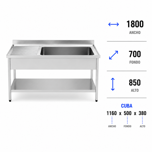 Fregadero con bastidor y estante Gran Capacidad 180x70 (Escurridor Izquierda)