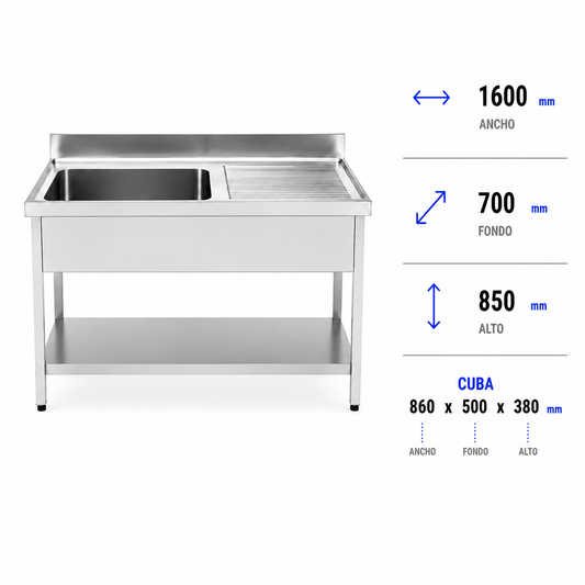 Fregadero con bastidor y estante Gran Capacidad 160x70 (Escurridor Derecha)