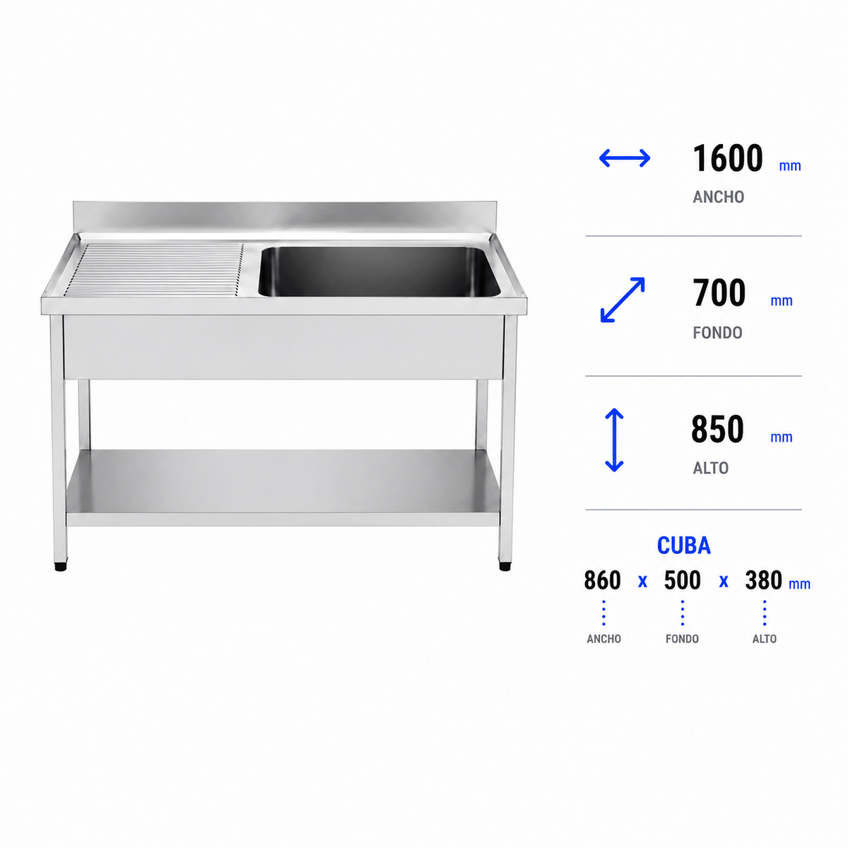 Fregadero con bastidor y estante Gran Capacidad 160x70 (Escurridor Izquierda)
