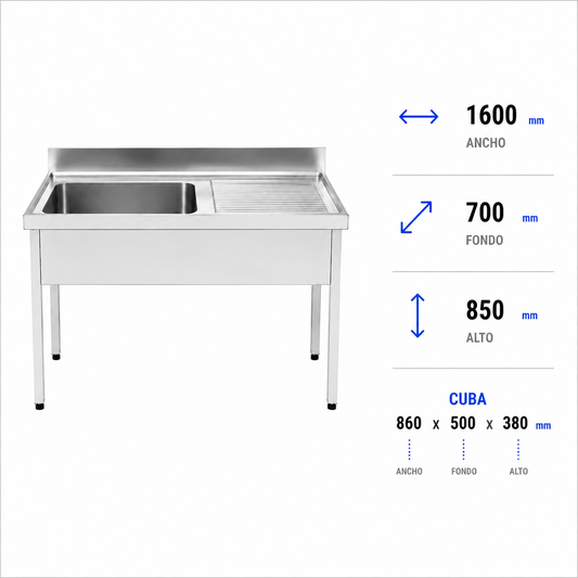 Fregadero con bastidor Gran Capacidad 160x70 (Escurridor Derecha)