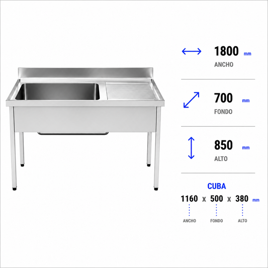 Fregadero con bastidor Gran Capacidad 180x70 (Escurridor Derecha)