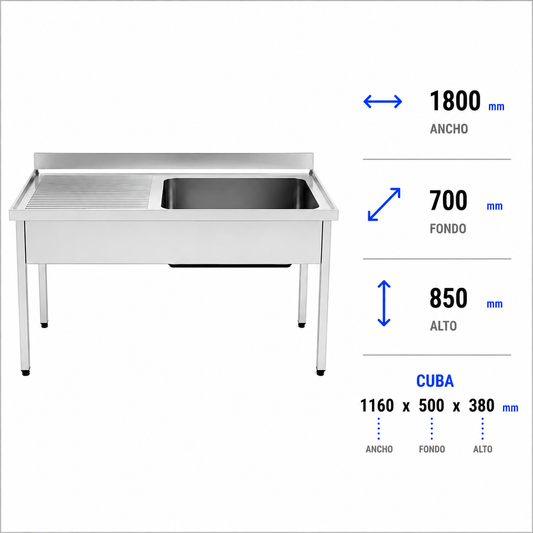 Fregadero con bastidor Gran Capacidad 180x70 (Escurridor Izquierda)