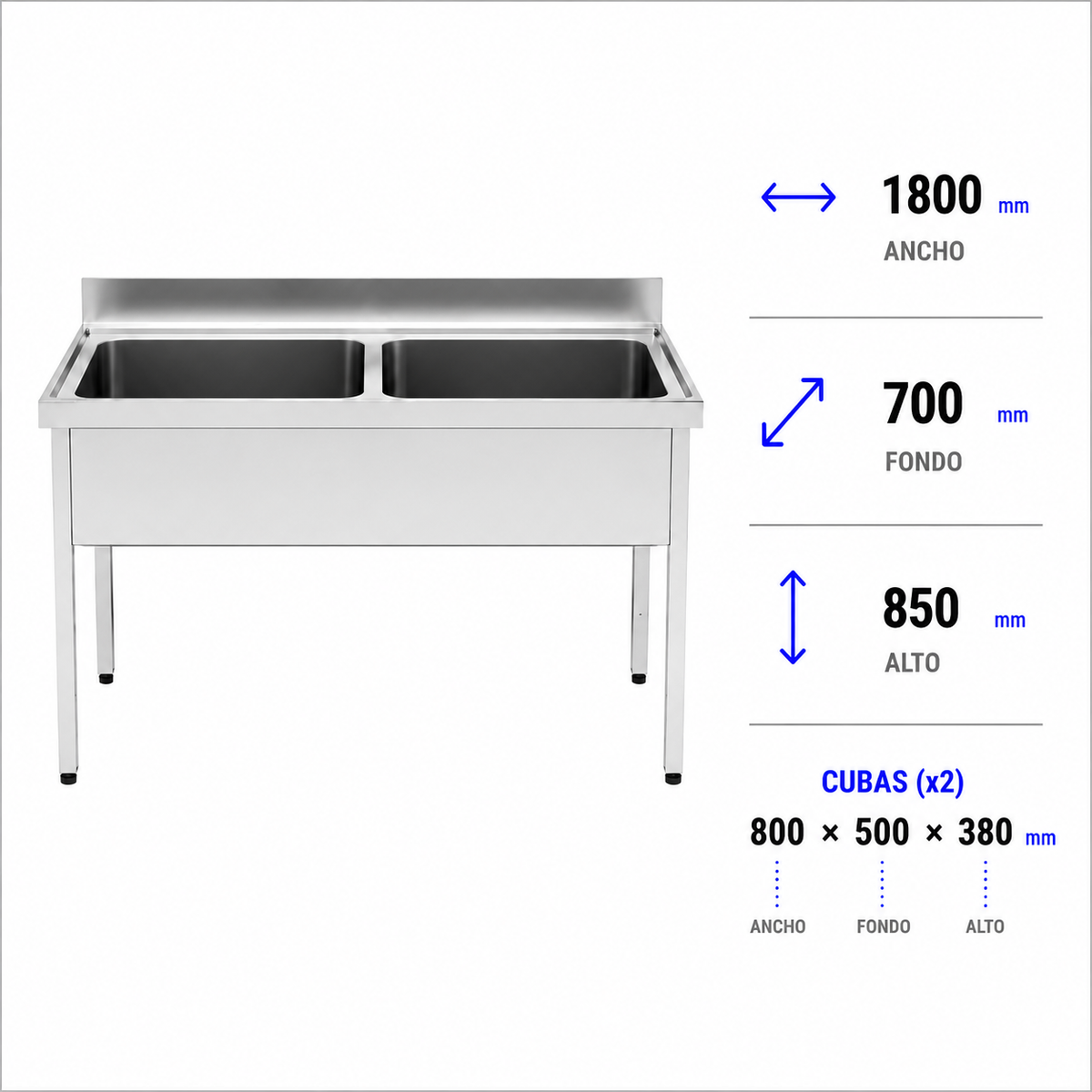 Fregadero con bastidor Gran Capacidad 180x70 doble