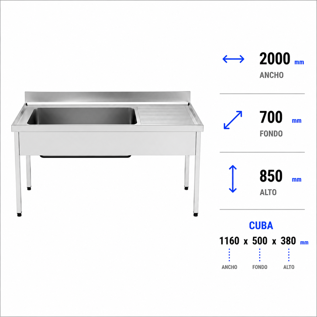Fregadero con bastidor Gran Capacidad 200x70 (Escurridor Derecha)