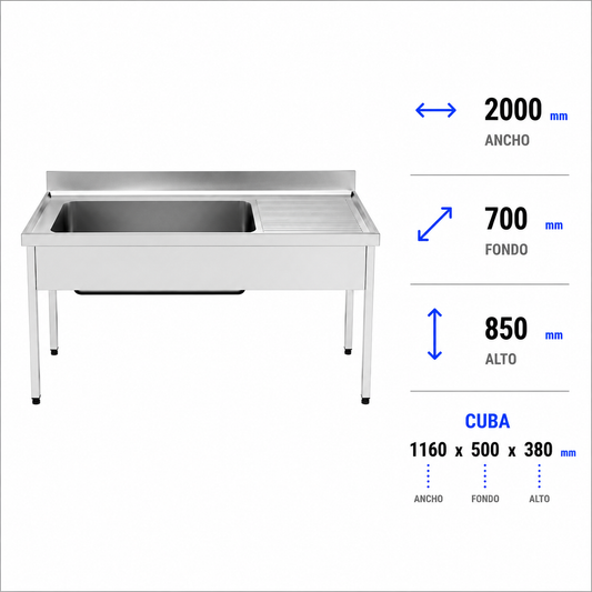 Fregadero con bastidor Gran Capacidad 200x70 (Escurridor Derecha)