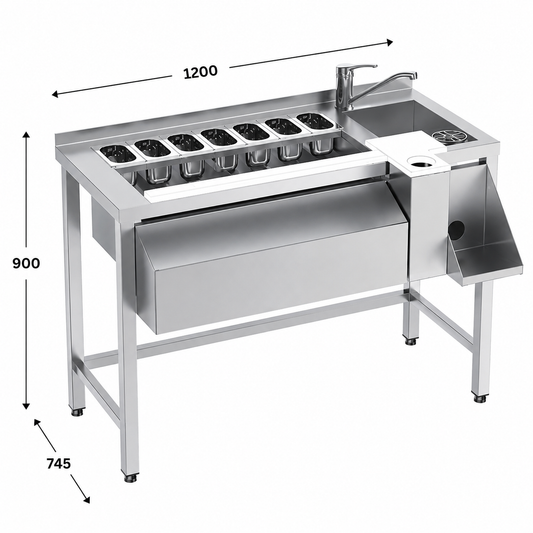 Mesa coctelera 120 con estante - cubeta derecha 120x74.5x90