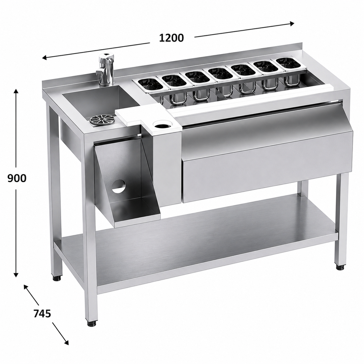 Mesa coctelera 120 con estante - cubeta izquierda 120x74.5x90