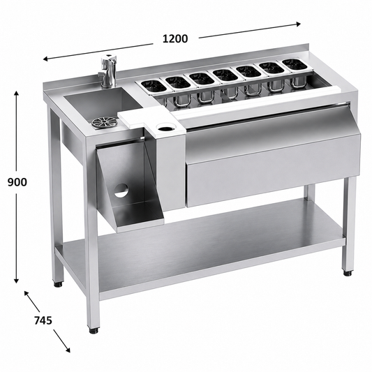 Mesa coctelera 120 con estante - cubeta izquierda 120x74.5x90