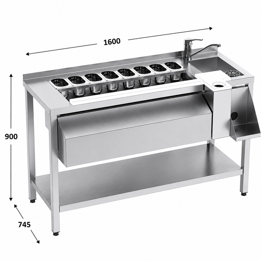 Mesa coctelera 160 con estante - cubeta derecha 160x74.5x90