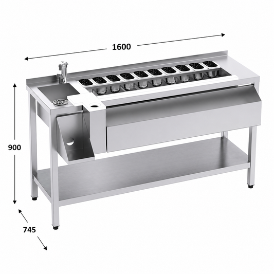 Mesa coctelera 160 con estante - cubeta izquierda 160x74.5x90