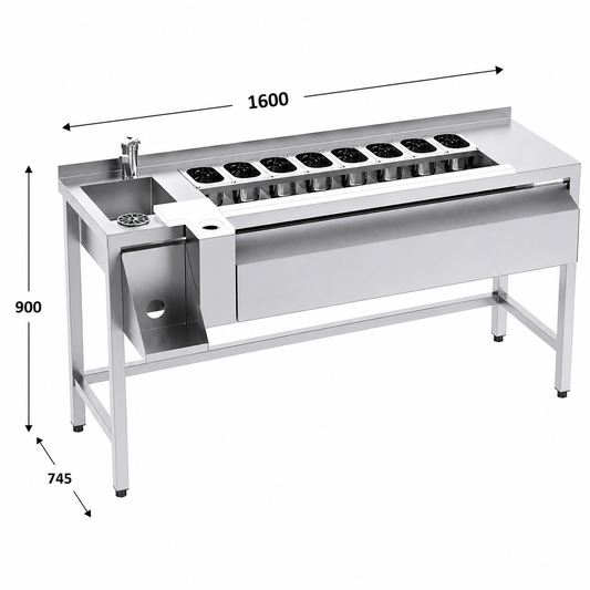 Mesa coctelera 160 con marco de refuerzo - cubeta izquierda 160x74.5x90