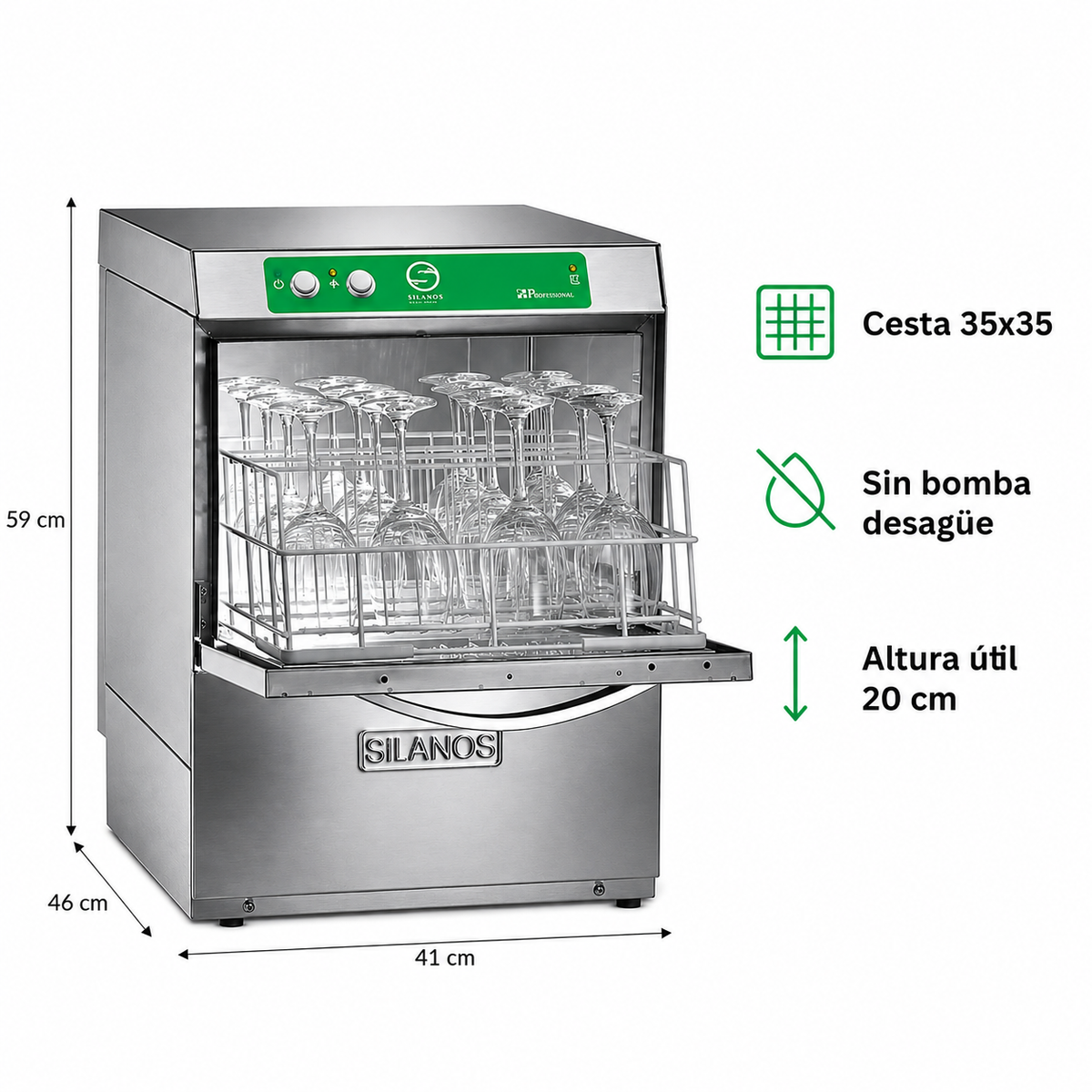 Lavavasos Silanos E-35 · Cesta 350 × 350 mm · Sin bomba de desagüe