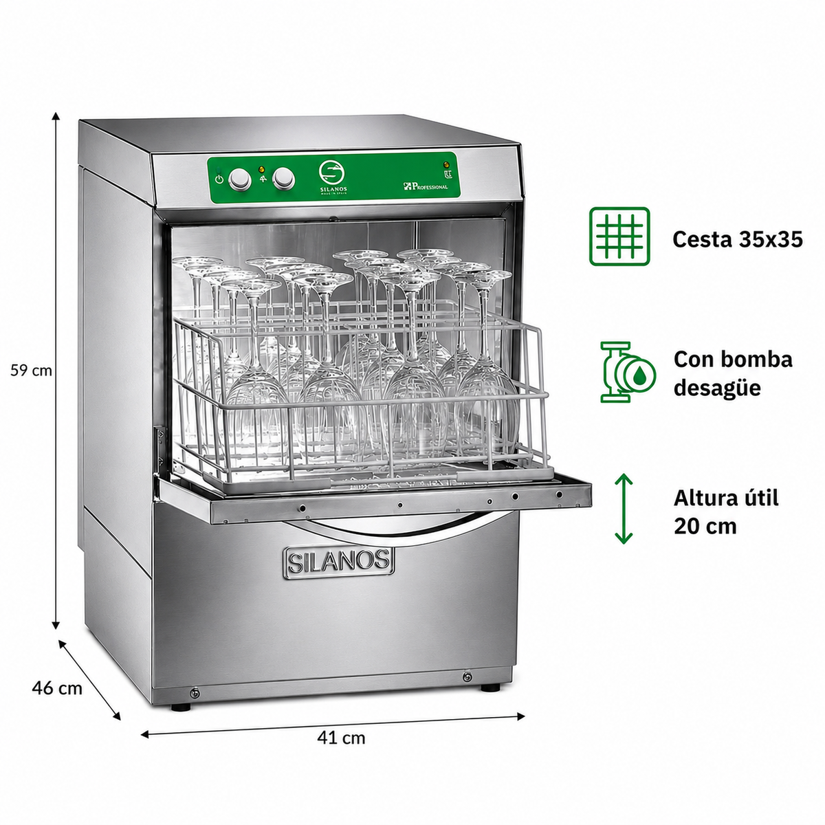 Lavavasos Silanos E-35B · Cesta 350 × 350 mm · Con bomba de desagüe