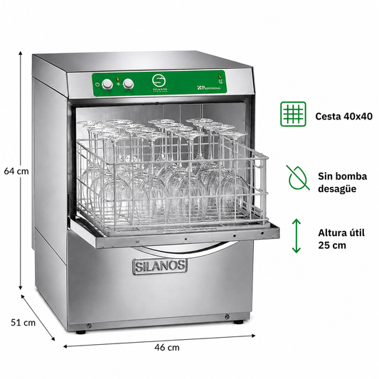 Lavavasos Silanos E-40 · Cesta 400 × 400 mm · Sin bomba de desagüe