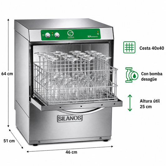 Lavavasos Silanos E-40B · Cesta 400 × 400 mm · Con bomba de desagüe
