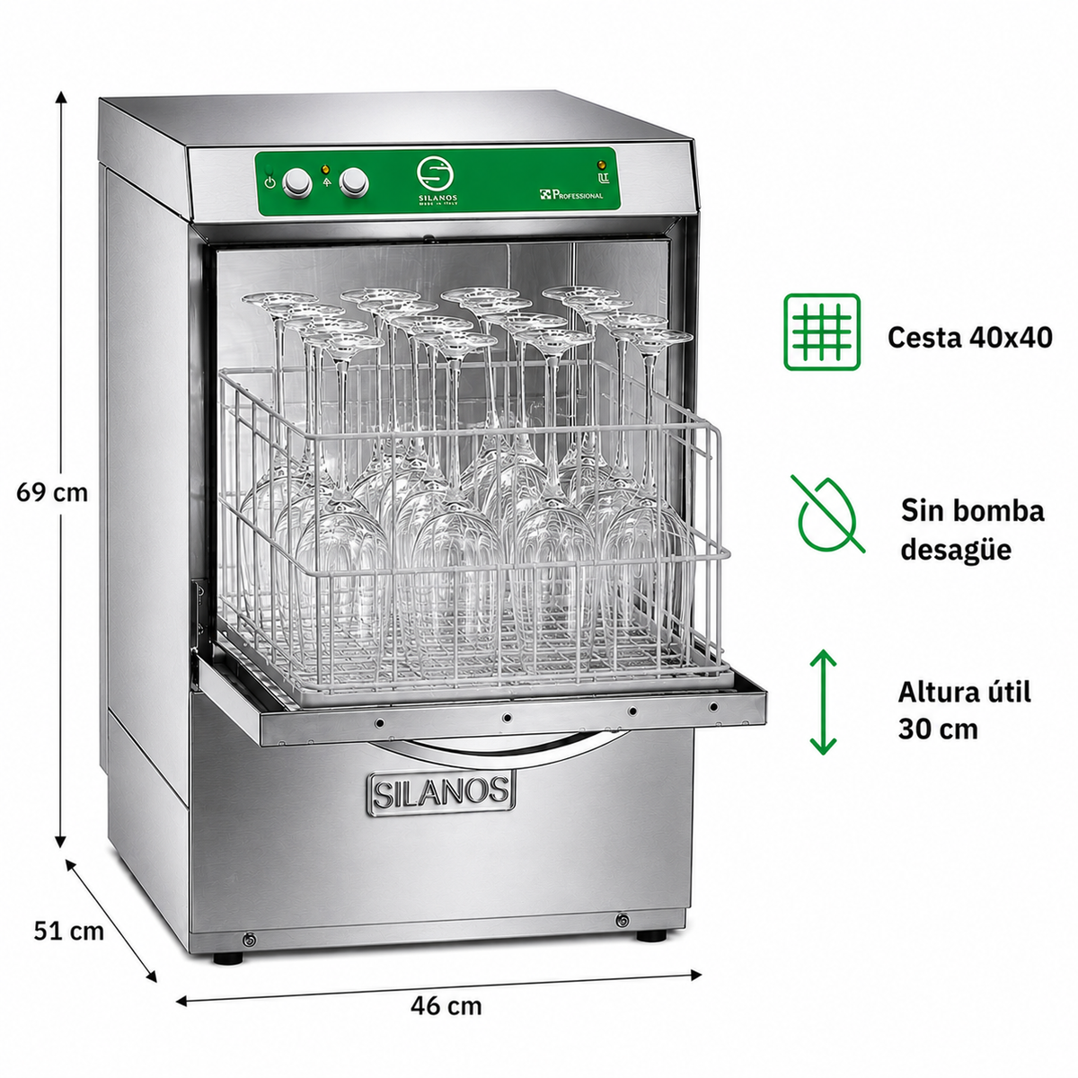 Lavavasos Silanos E-40H · Cesta 400 × 400 mm · Altura útil puerta 30 cm · Sin bomba de desagüe