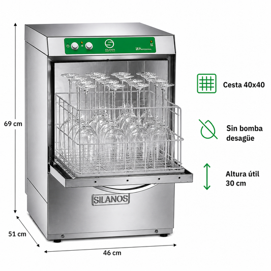 Lavavasos Silanos E-40H · Cesta 400 × 400 mm · Altura útil puerta 30 cm · Sin bomba de desagüe