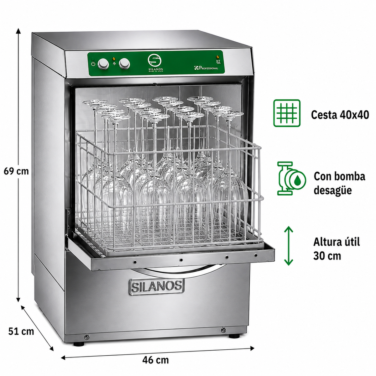 Lavavasos Silanos E-40HB · Cesta 400 × 400 mm · Altura útil puerta 30 cm · Con bomba de desagüe