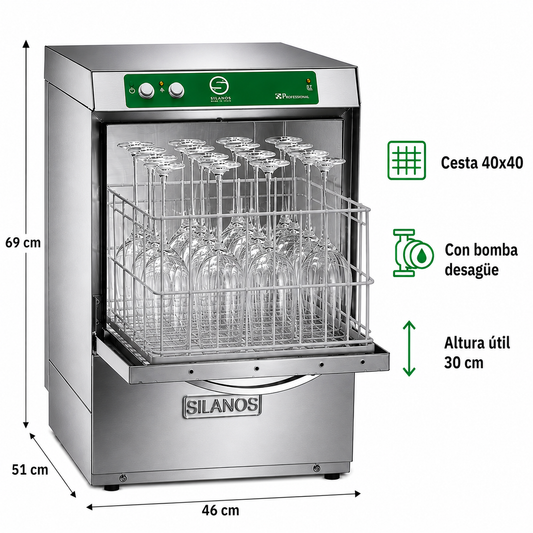 Lavavasos Silanos E-40HB · Cesta 400 × 400 mm · Altura útil puerta 30 cm · Con bomba de desagüe