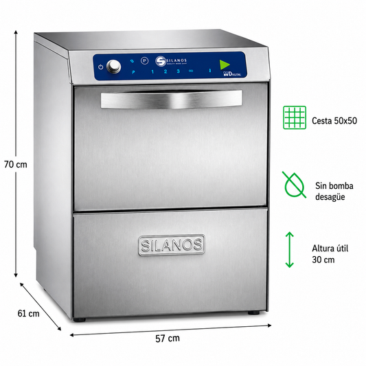 Lavavasos Silanos S-050 · Cesta 500 × 500 mm · Sin bomba de desagüe