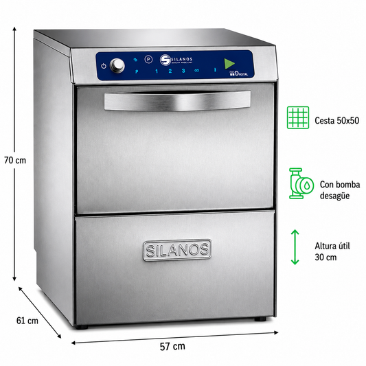 Lavavasos Silanos S-050B · Cesta 500 × 500 mm · Con bomba de desagüe