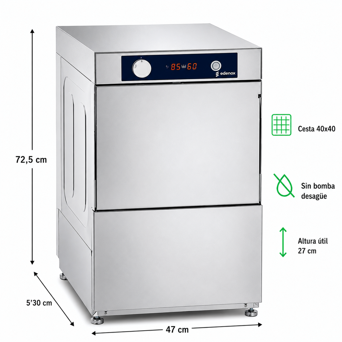 Lavavasos Edenox AV-2100 · Cesta 400 × 400 mm · Sin bomba de desagüe