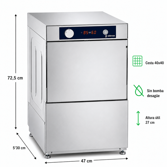 Lavavasos Edenox AV-2100 · Cesta 400 × 400 mm · Sin bomba de desagüe