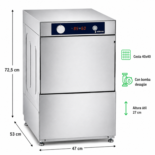 Lavavasos Edenox AV-2100-B · Cesta 400 × 400 mm · Con bomba de desagüe