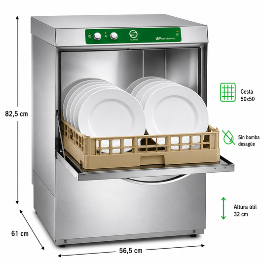 Lavavajillas Silanos E-50 · Cesta 500 × 500 mm · Altura útil puerta 32 cm · Sin bomba de desagüe