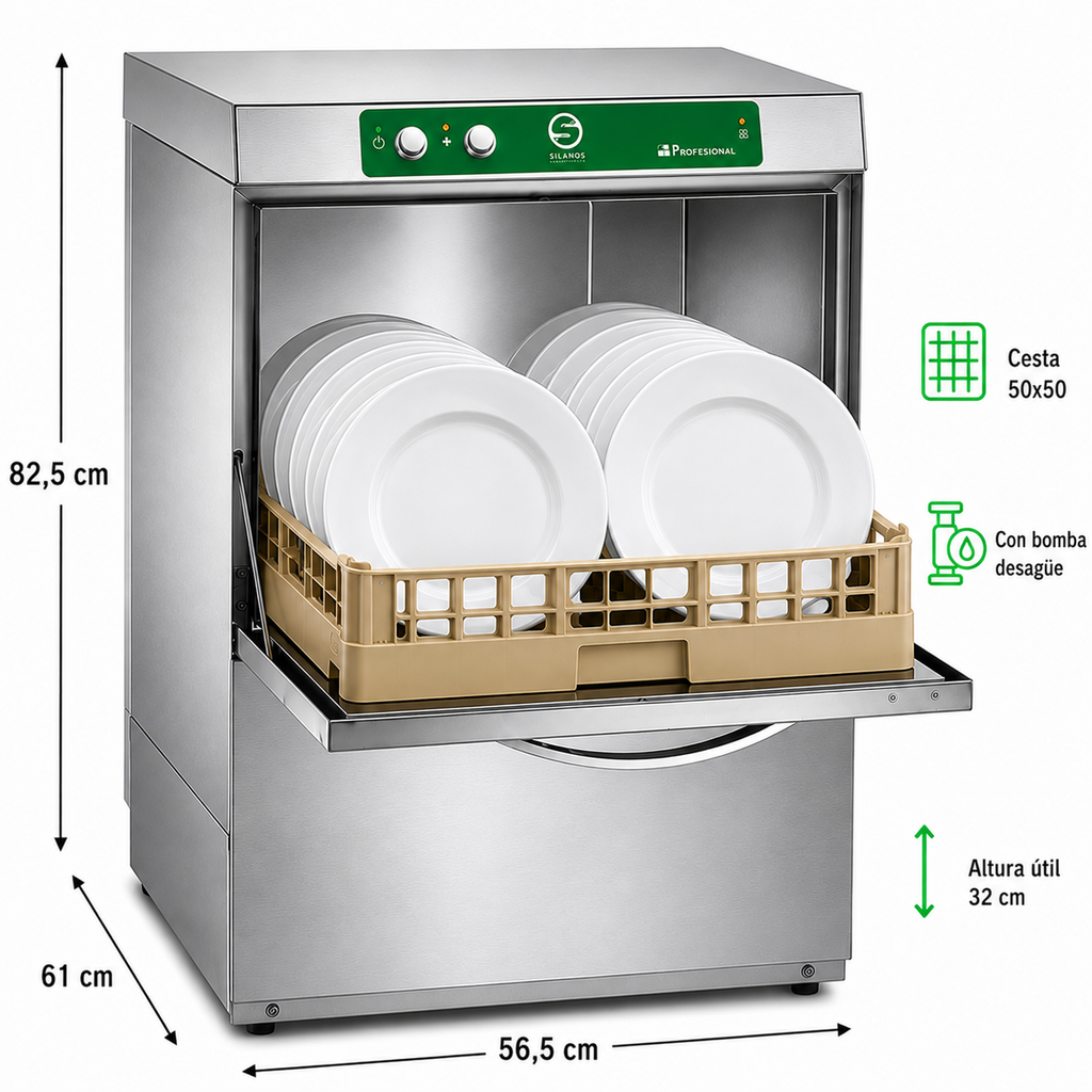 Lavavajillas Silanos E-50B · Cesta 500 × 500 mm · Altura útil puerta 32 cm · Con bomba de desagüe