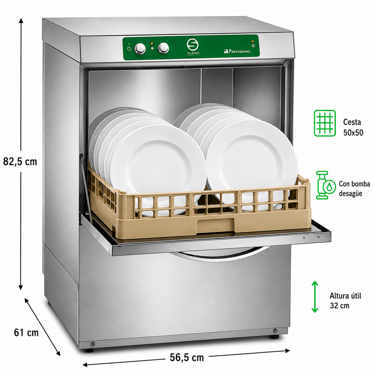 Lavavajillas Silanos E-50B · Cesta 500 × 500 mm · Altura útil puerta 32 cm · Con bomba de desagüe