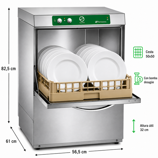 Lavavajillas Silanos E-50B · Cesta 500 × 500 mm · Altura útil puerta 32 cm · Con bomba de desagüe