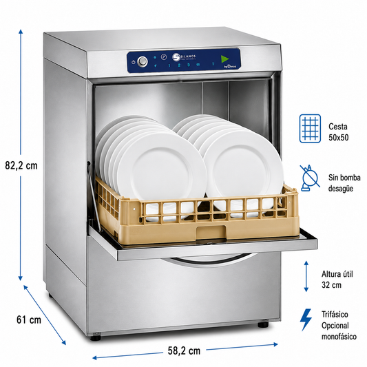 Lavavajillas Silanos N700A · Cesta 500 × 500 mm · Altura útil 32 cm · Trifásico 400 V · Sin bomba de desagüe