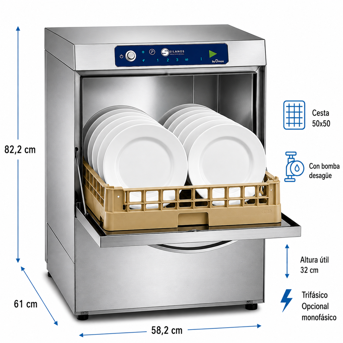 Lavavajillas Silanos N700B · Cesta 500 × 500 mm · Altura útil 32 cm · Trifásico 400 V · Con bomba de desagüe