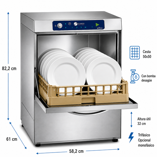 Lavavajillas Silanos N700B · Cesta 500 × 500 mm · Altura útil 32 cm · Trifásico 400 V · Con bomba de desagüe