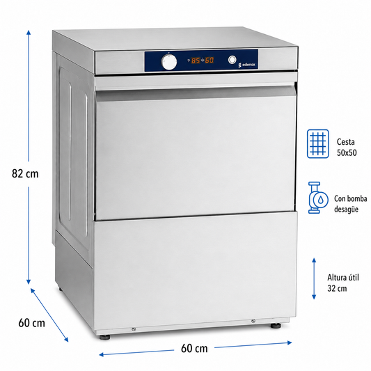 Lavavajillas Edenox AFG-540 B S1 · Cesta 500 × 500 mm · Altura útil 32 cm · Electromecánico · 230 V · Con bomba de desagüe